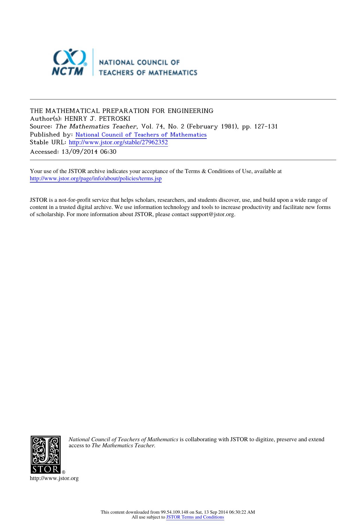 THE MATHEMATICAL PREPARATION FOR ENGINEERING by Mathematical Preparation for Engineering (1981)