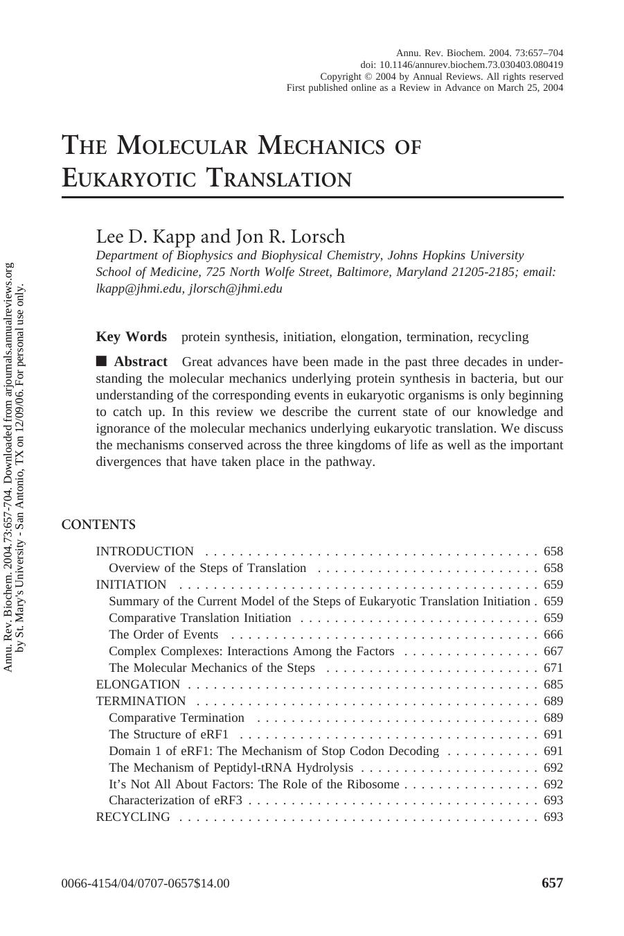 THE MOLECULAR MECHANICS OF EUKARYOTIC TRANSLATION by Lee D. Kapp & Jon R. Lorsch