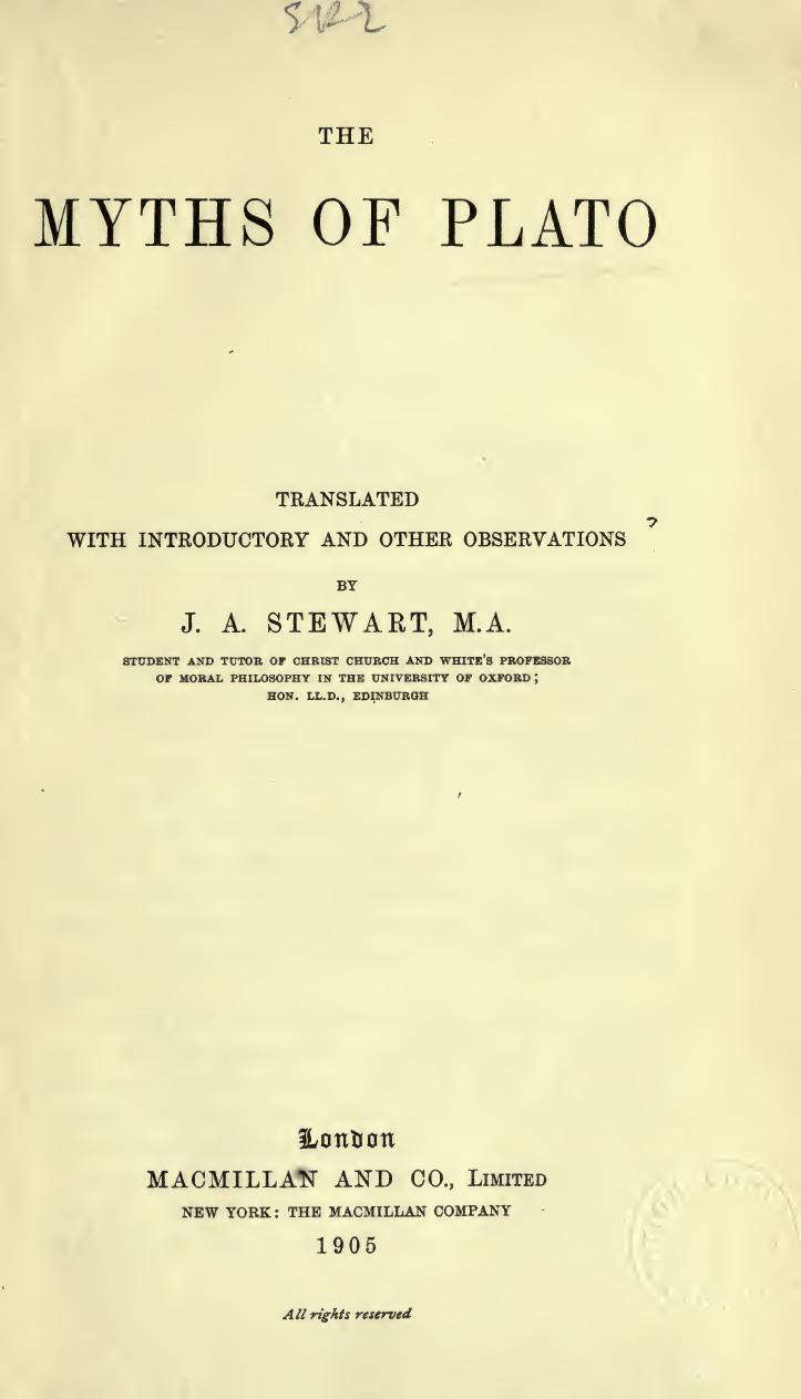 THE MYTHS OF PLATO by J.A.Stewart