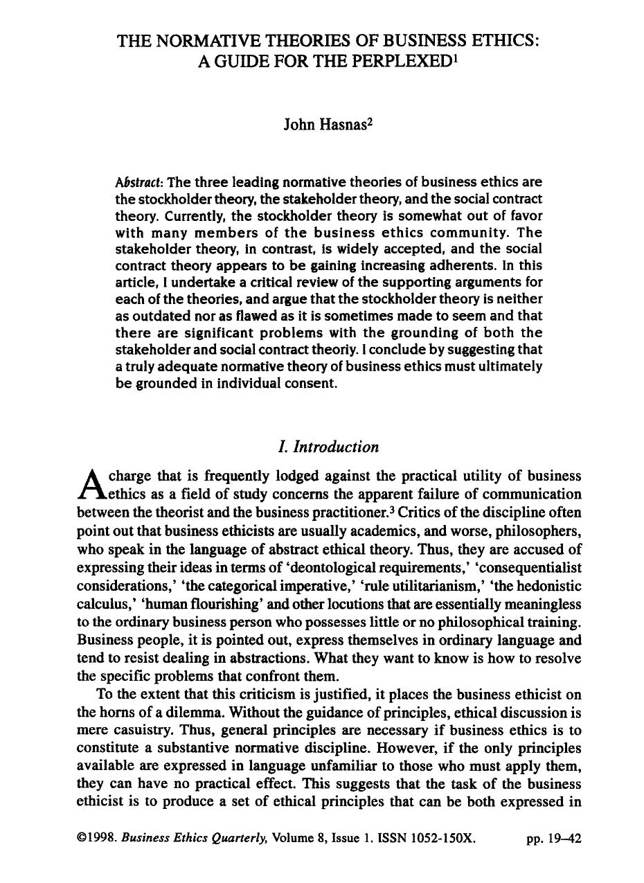 THE NORMATIVE THEORIES OF BUSINESS ETHICS: A GUIDE FOR THE PERPLEXED. by Unknown