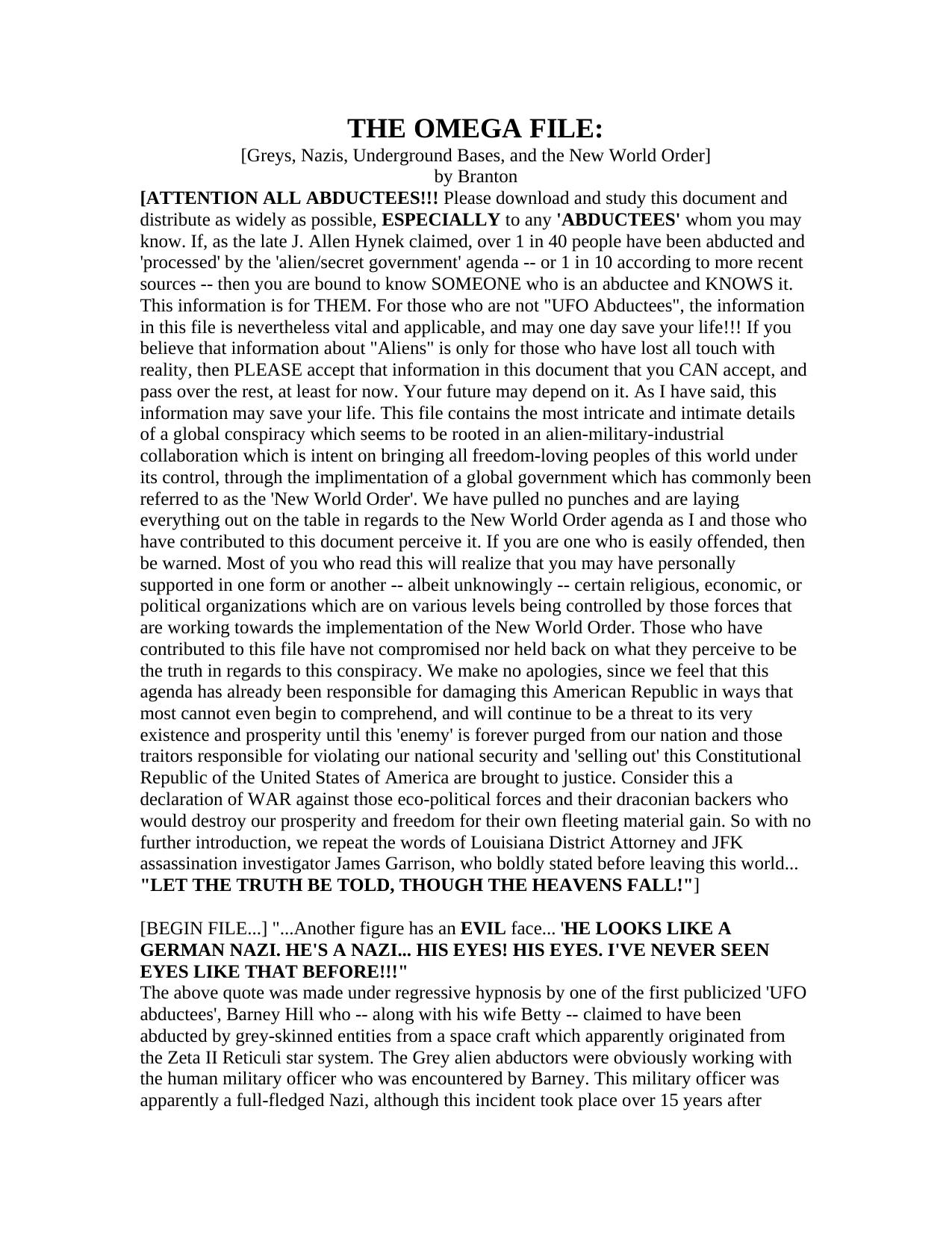 THE OMEGA FILE:Greys, Nazis, Underground Bases and he New World Order by Fred