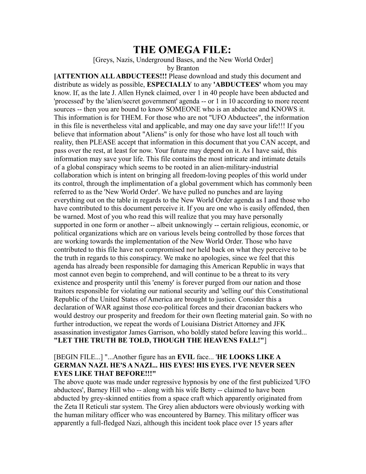 THE OMEGA FILE:Greys, Nazis, Underground Bases and he New World by Fred