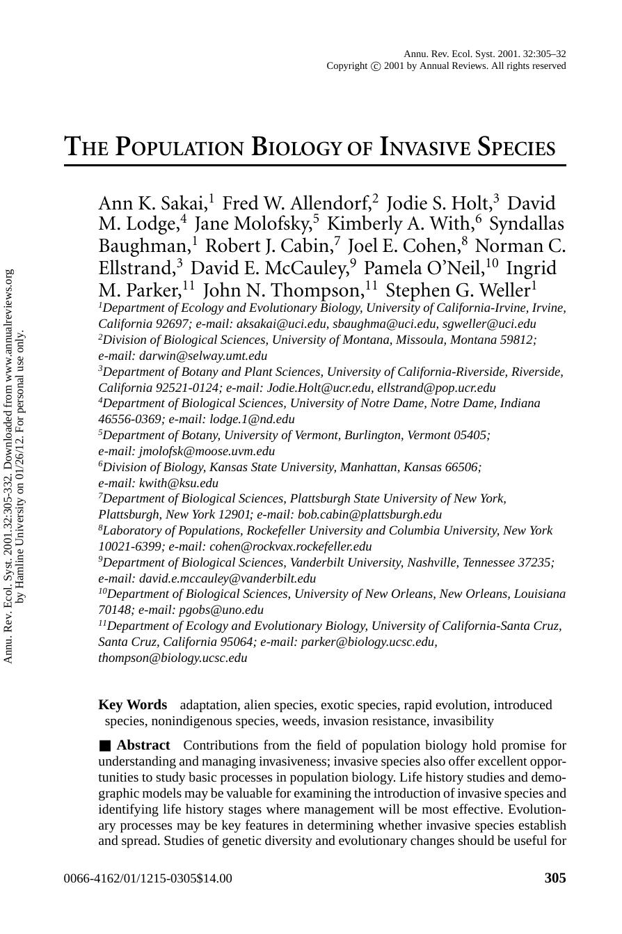 THE POPULATION BIOLOGY OF INVASIVE SPECIES by unknow