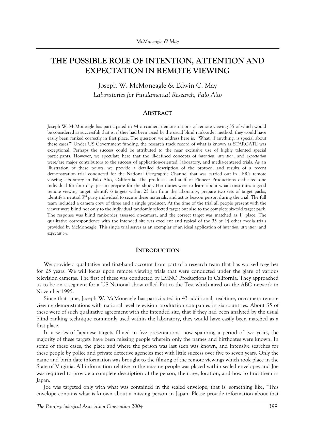 THE POSSIBLE ROLE OF INTENTION, ATTENTION AND EXPECTATION IN REMOTE VIEWING by Unknown