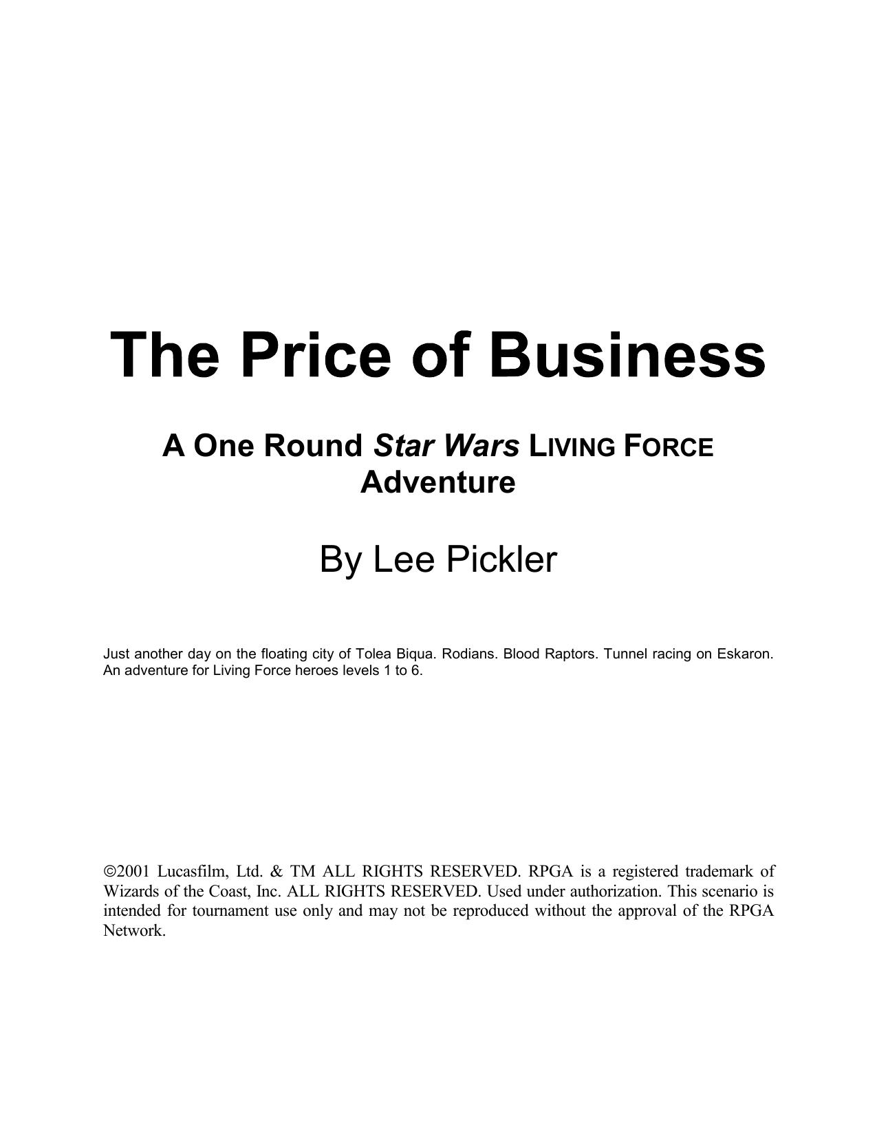 THE PRICE OF BUSINESS by Lee Pickler
