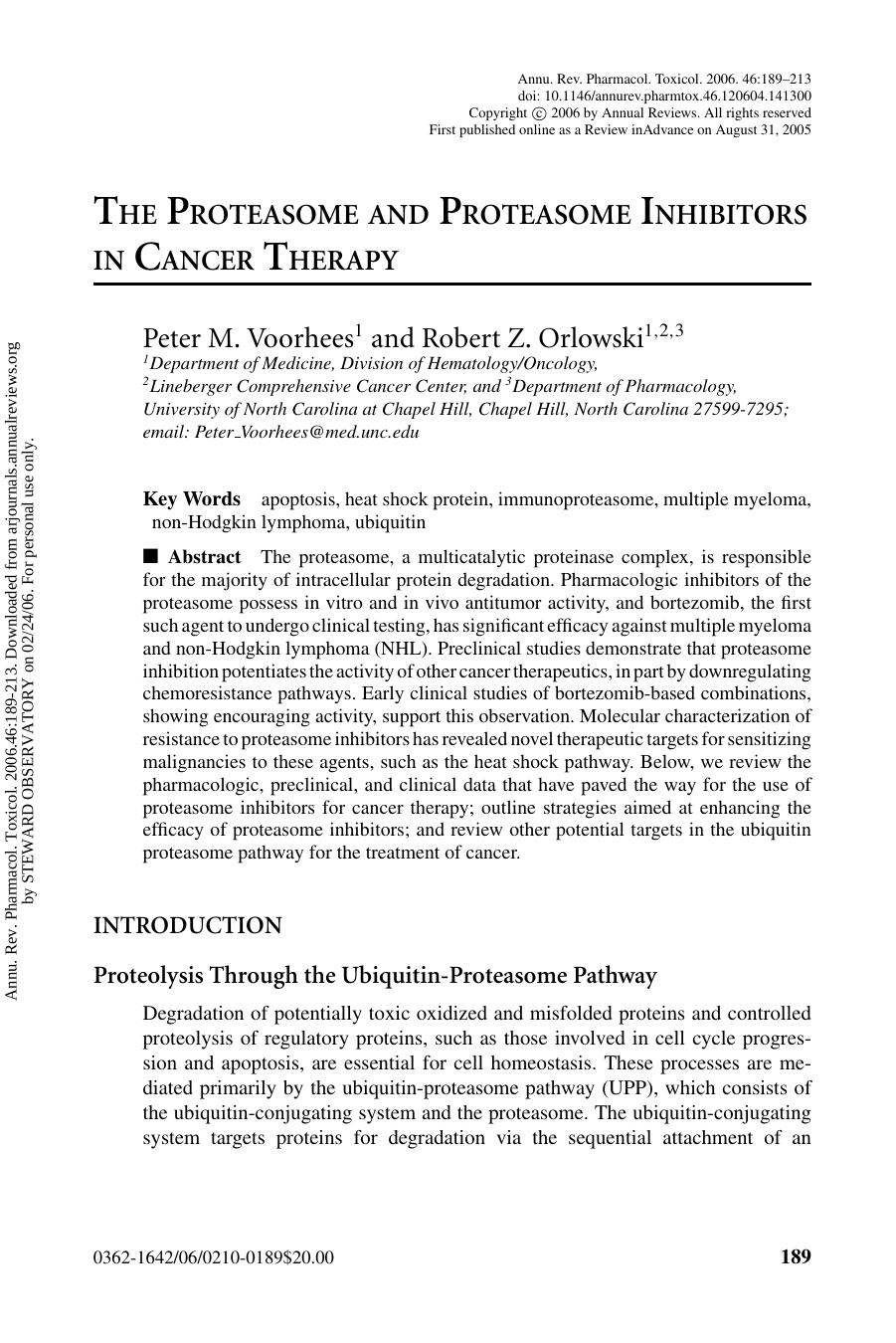 THE PROTEASOME AND PROTEASOME INHIBITORS IN CANCER THERAPY by Peter M. Voorhees & Robert Z. Orlowski