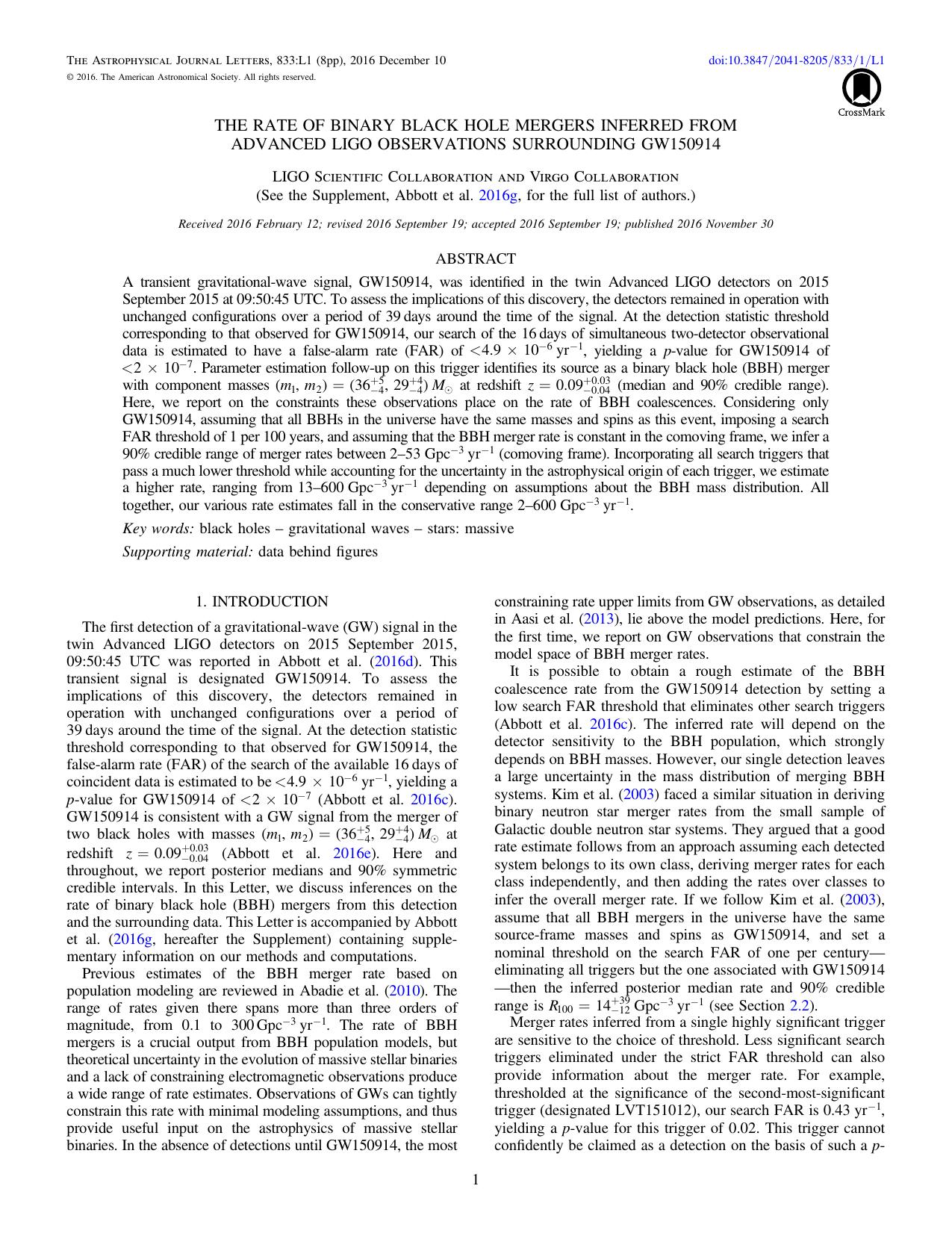 THE RATE OF BINARY BLACK HOLE MERGERS INFERRED FROM ADVANCED LIGO OBSERVATIONS SURROUNDING GW150914 by unknow