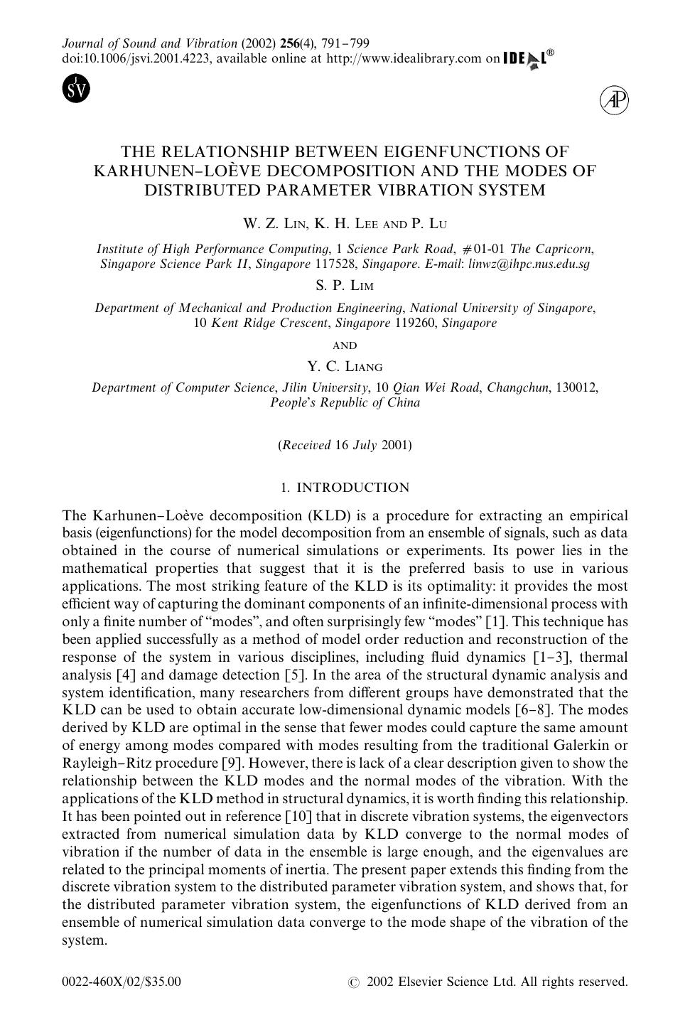 THE RELATIONSHIP BETWEEN EIGENFUNCTIONS OF KARHUNEN-LOEVE DECOMPOSITION AND THE MODES OF DISTRIBUTED PARAMETER VIBRATION SYSTEM by LIN W. Z. et al
