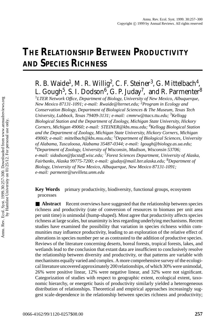 THE RELATIONSHIP BETWEEN PRODUCTIVITY AND SPECIES RICHNESS by unknow