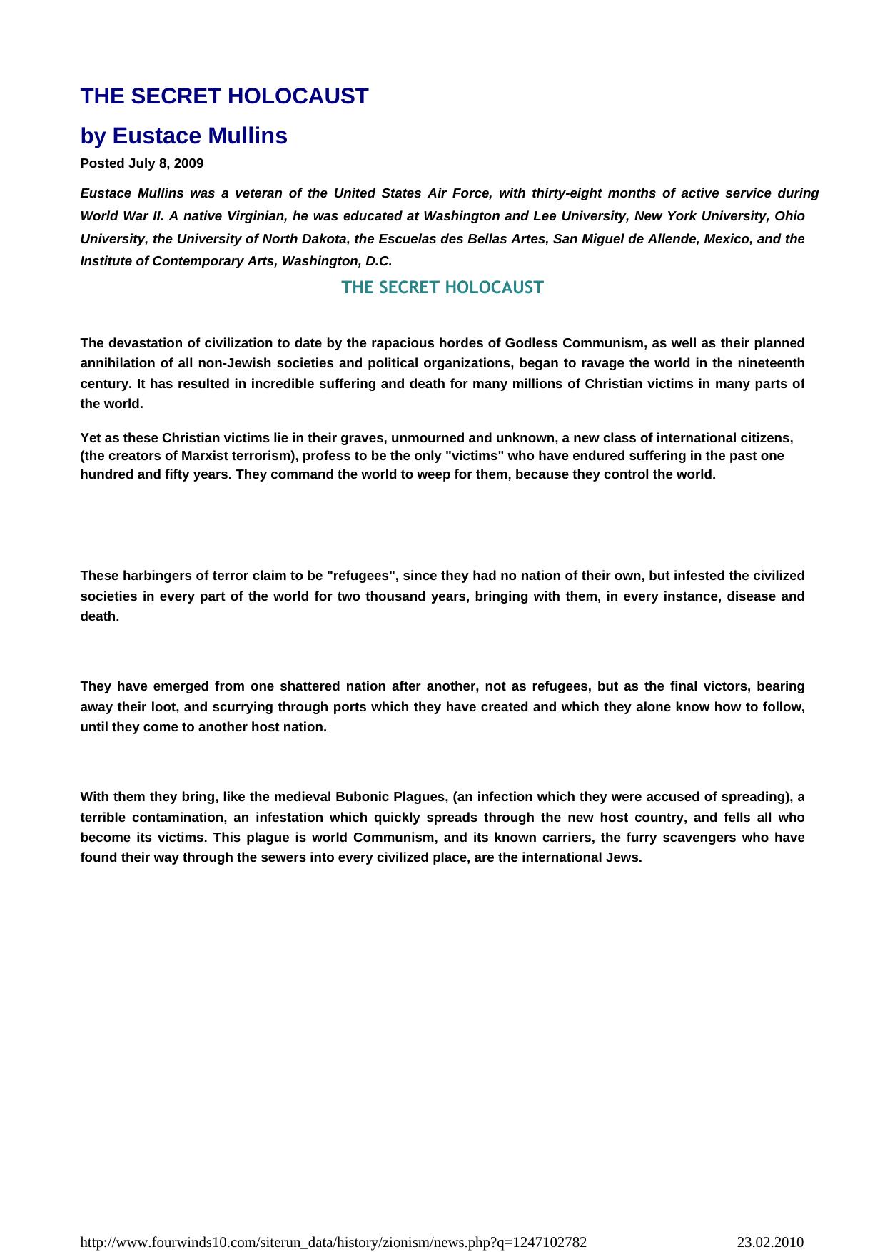 THE SECRET HOLOCAUST by EUSTACE MLULLINS. For research and education only