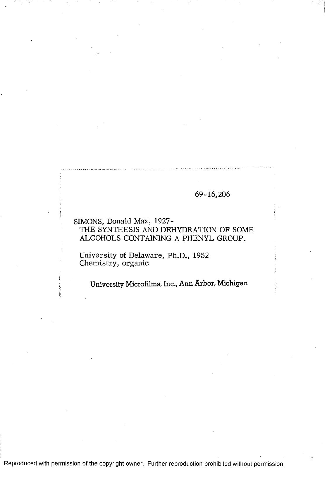 THE SYNTHESIS AND DEHYDRATION OF SOME ALCOHOLS CONTAINING A PHENYL GROUP by SIMONS DONALD MAX
