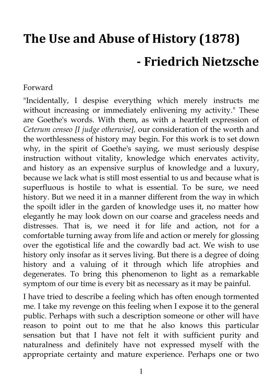 THE USE AND ABUSE OF HISTORY by Friedrich W. Nietzsche