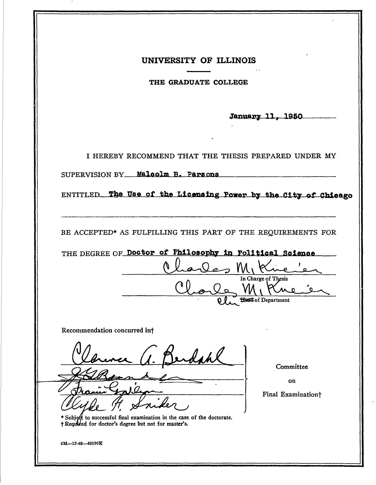 THE USE OF THE LICENSING POWER BY THE CITY OF CHICAGO by PARSONS MALCOLM B