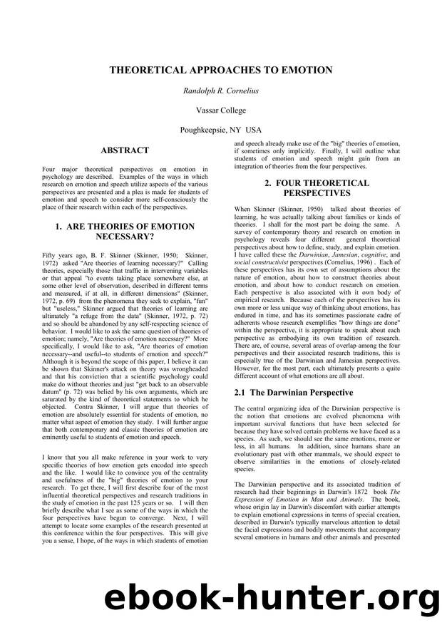 THEORETICAL APPROACHES TO EMOTION by R. R. Cornelius