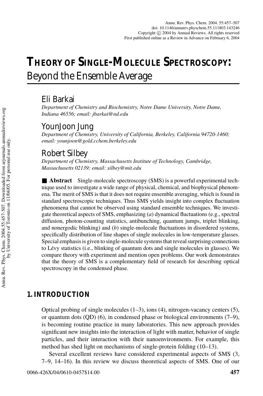 THEORY OF SINGLE-MOLECULE SPECTROSCOPY: Beyond the Ensemble Average by Eli Barkai YounJoon Jung Robert Silbey