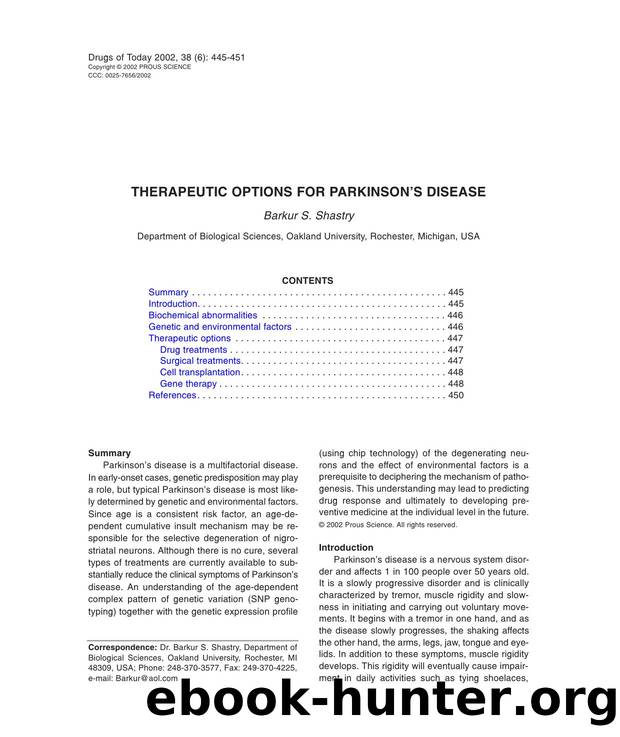 THERAPEUTIC OPTIONS FOR PARKINSONâS DISEASE by Prous Science (c) 2002