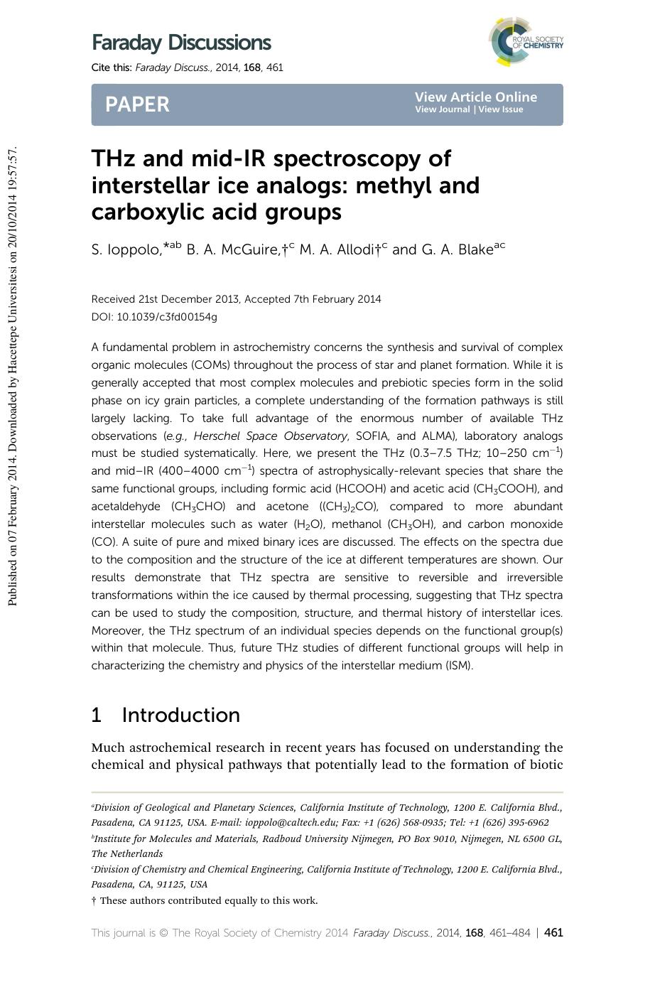 THz and mid-IR spectroscopy of interstellar ice analogs: methyl and carboxylic acid groups by S. Ioppolo & B. A. McGuire & M. A. Allodi & G. A. Blake