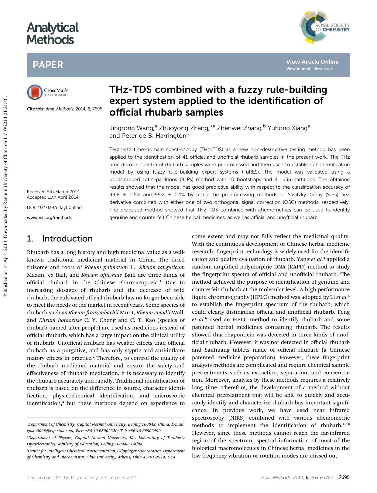 THz-TDS combined with a fuzzy rule-building expert system applied to the identification of official rhubarb samples by Jingrong Wang & Zhuoyong Zhang & Zhenwei Zhang & Yuhong Xiang & Peter de B. Harrington
