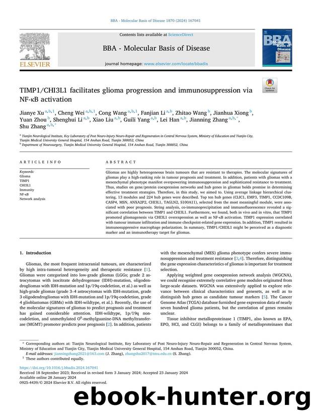 TIMP1CHI3L1 facilitates glioma progression and immunosuppression via NF-ÃÂºB activation by unknow