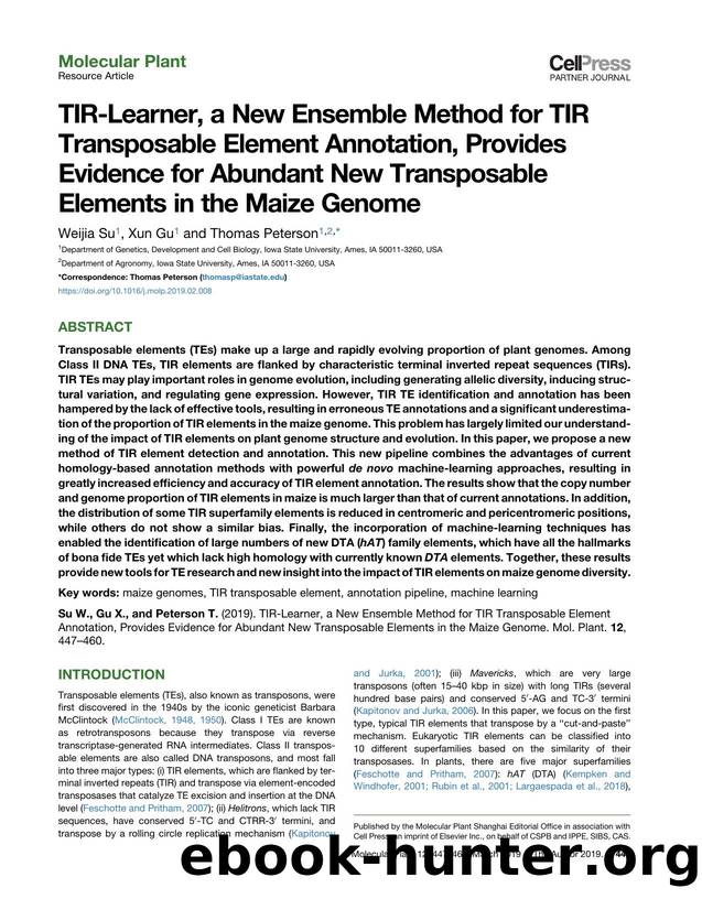 TIR-Learner, a New Ensemble Method for TIR Transposable Element Annotation, Provides Evidence for Abundant New Transposable Elements in the Maize Genome by Weijia Su & Xun Gu & Thomas Peterson