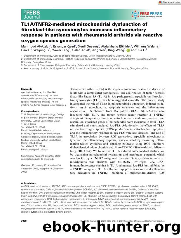 TL1ATNFR2âmediated mitochondrial dysfunction of fibroblastâlike synoviocytes increases inflammatory response in patients with rheumatoid arthritis via reactive oxygen species generation by Unknown