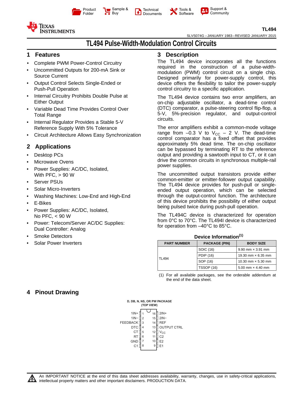 TL494 Pulse-Width-Modulation Control Circuits (Rev. G) by Texas Instruments Incorporated [SLVS074 G
