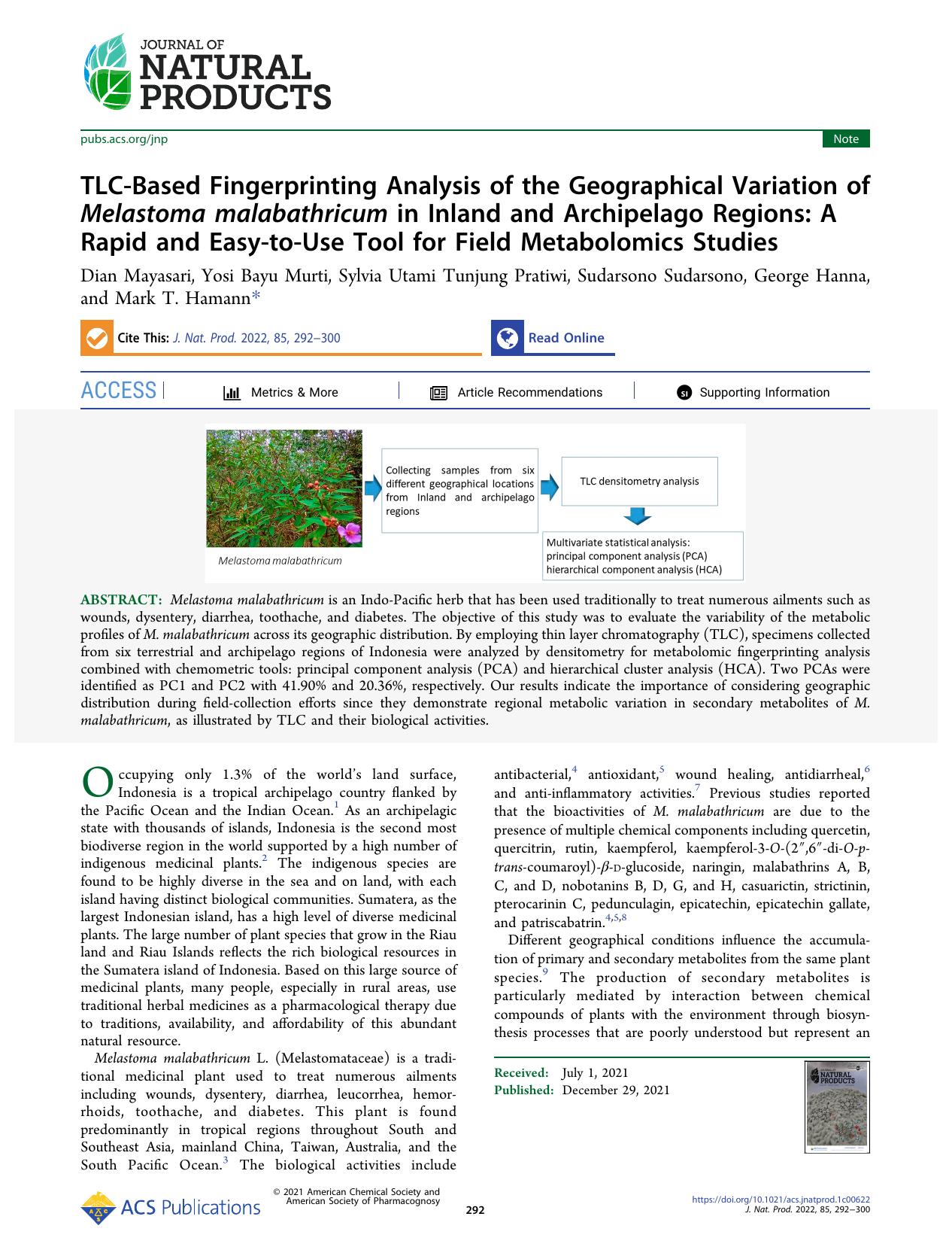 TLC-Based Fingerprinting Analysis of the Geographical Variation of Melastoma malabathricum in Inland and Archipelago Regions: A Rapid and Easy-to-Use Tool for Field Metabolomics Studies by unknow
