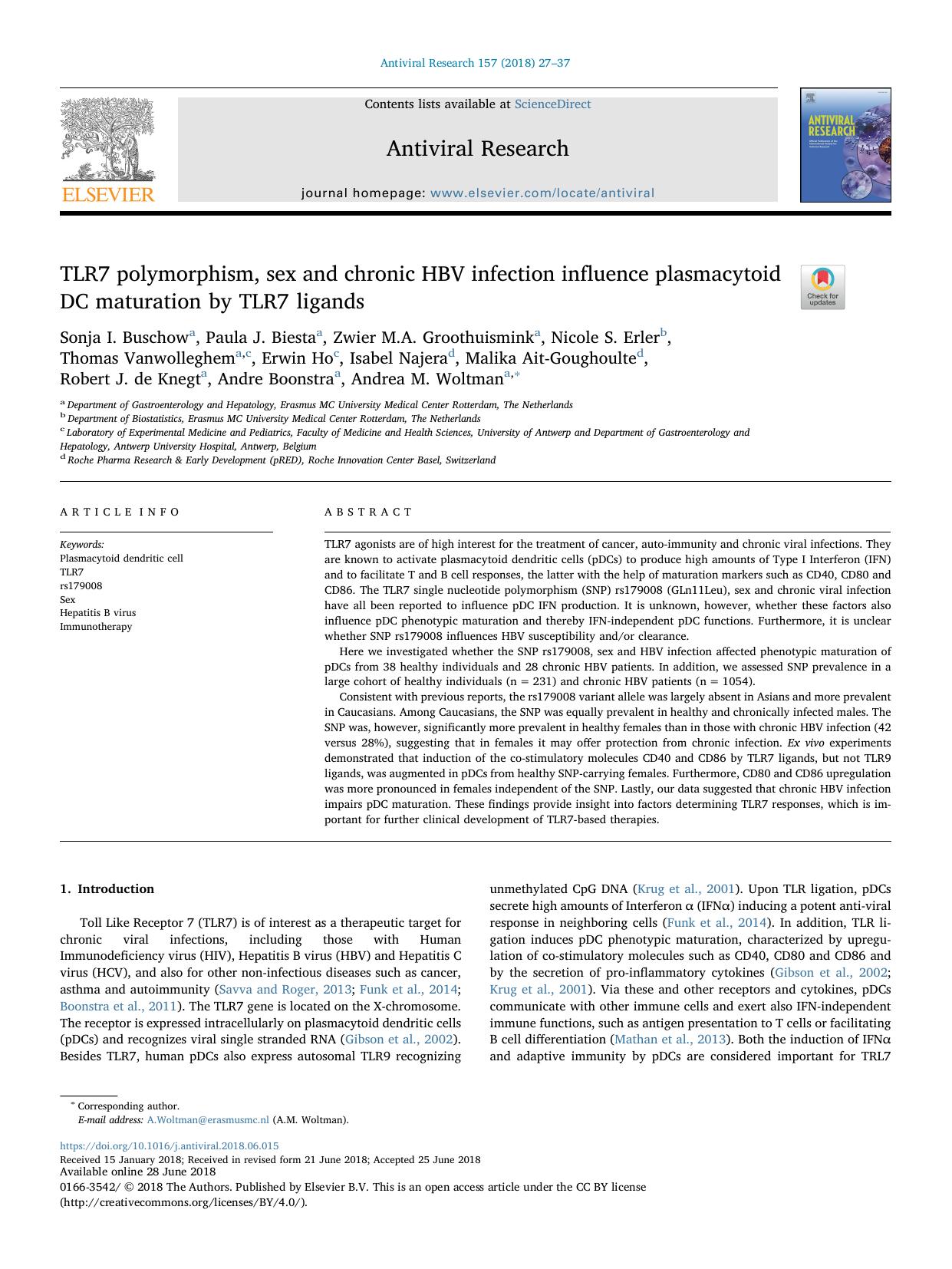 TLR7 polymorphism, sex and chronic HBV infection influence plasmacytoid DC maturation by TLR7 ligands by unknow