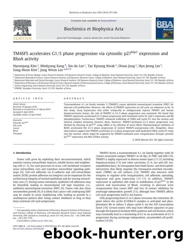 TM4SF5 accelerates G1S phase progression via cytosolic p27Kip1 expression and RhoA activity by unknow