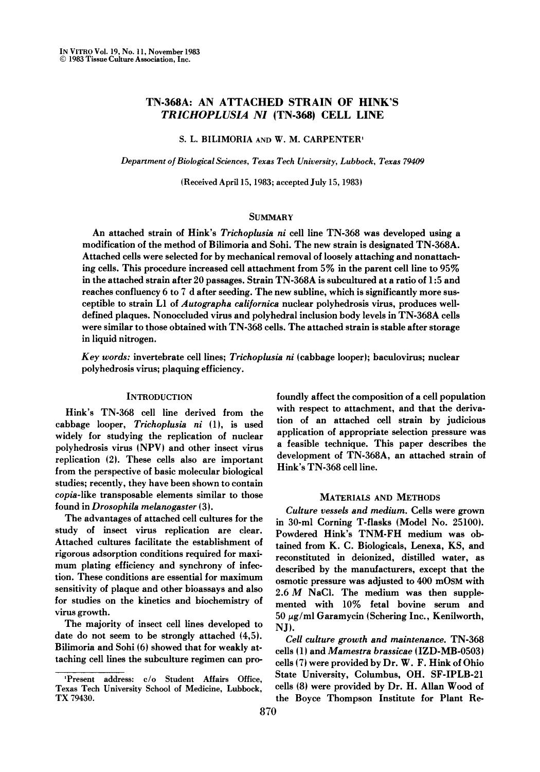 TN-368A: An attached strain of Hink's <Emphasis Type="Italic">Trichoplusia ni <Emphasis> (TN-368) cell line by Unknown