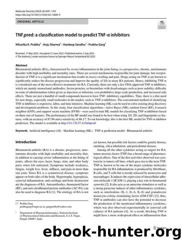 TNFipred: a classification model to predict TNF-Î± inhibitors by Niharika K. Prabha & Anju Sharma & Hardeep Sandhu & Prabha Garg