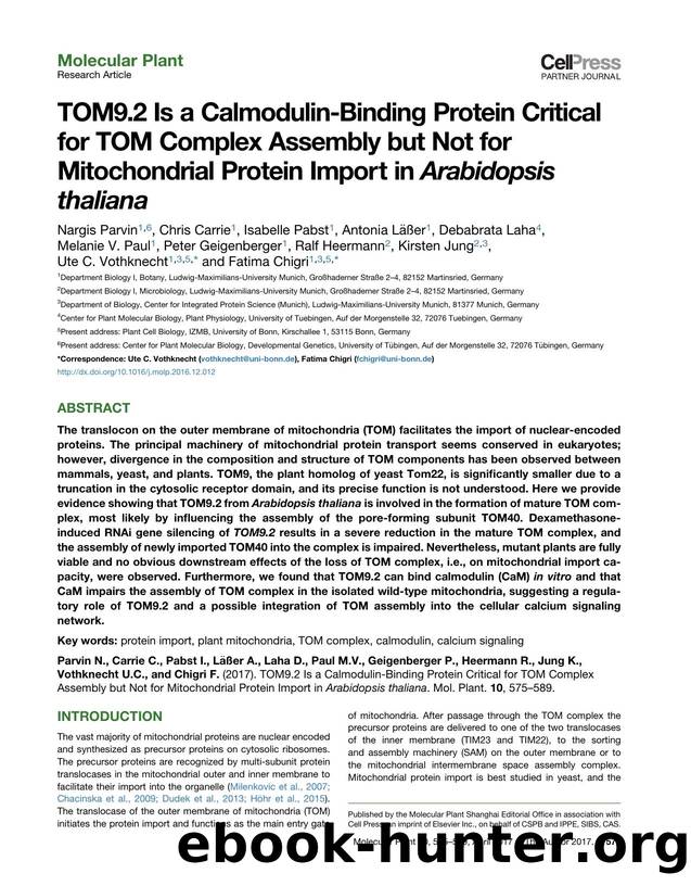 TOM9.2 Is a Calmodulin-Binding Protein Critical for TOM Complex Assembly but Not for Mitochondrial Protein Import in Arabidopsis thaliana by unknow