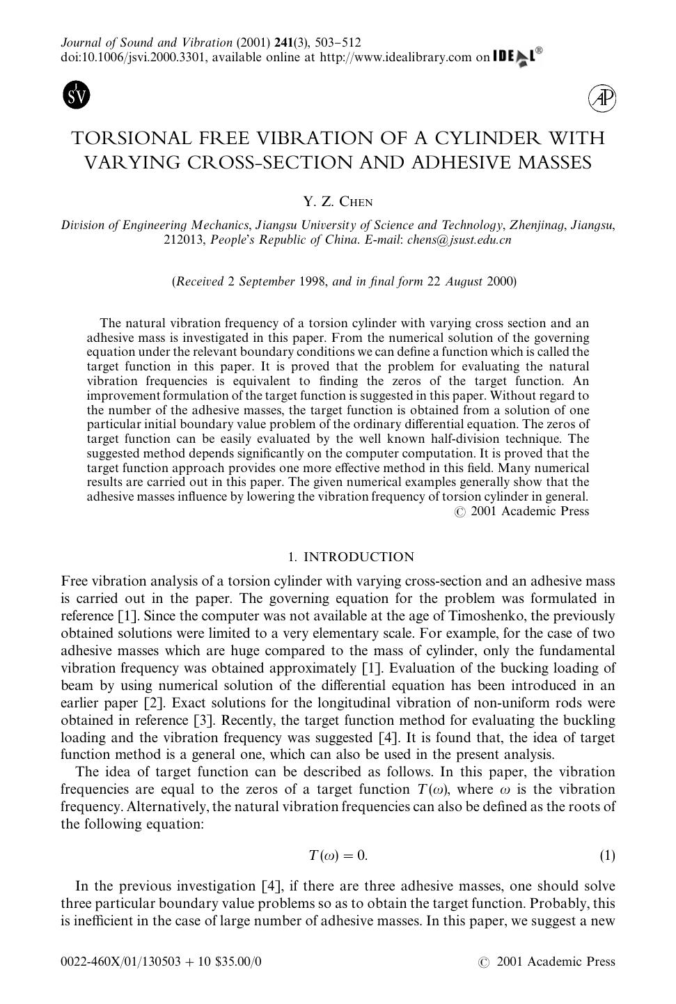 TORSIONAL FREE VIBRATION OF A CYLINDER WITH VARYING CROSS-SECTION AND ADHESIVE MASSES by CHEN Y. Z
