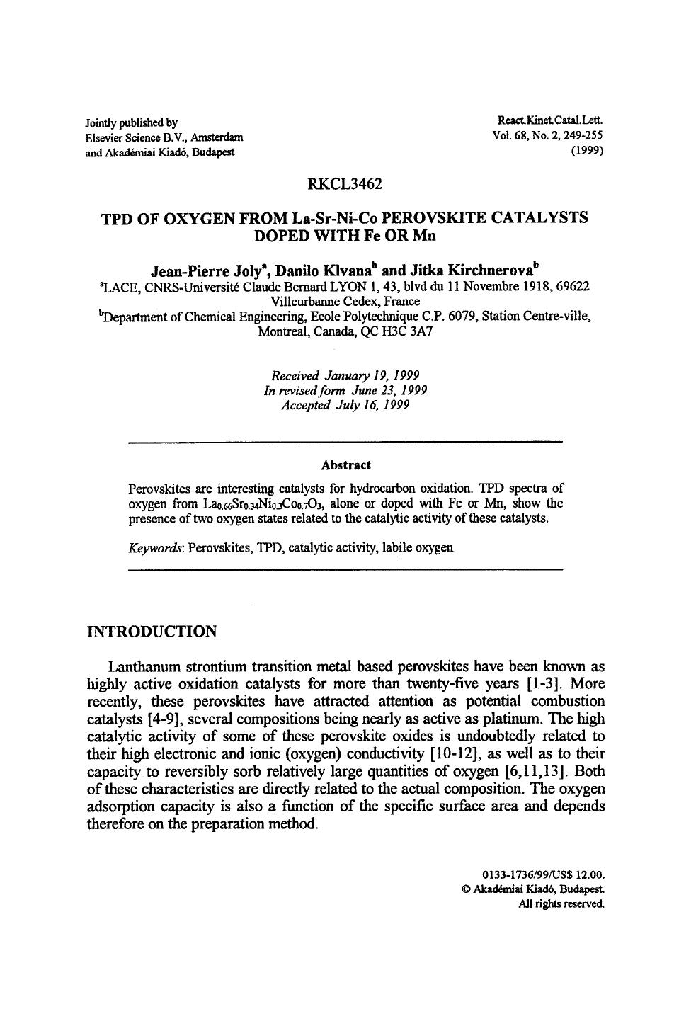 TPD of oxygen from La−Sr−Ni−Co perovskite catalysts doped with Fe or Mn by Unknown