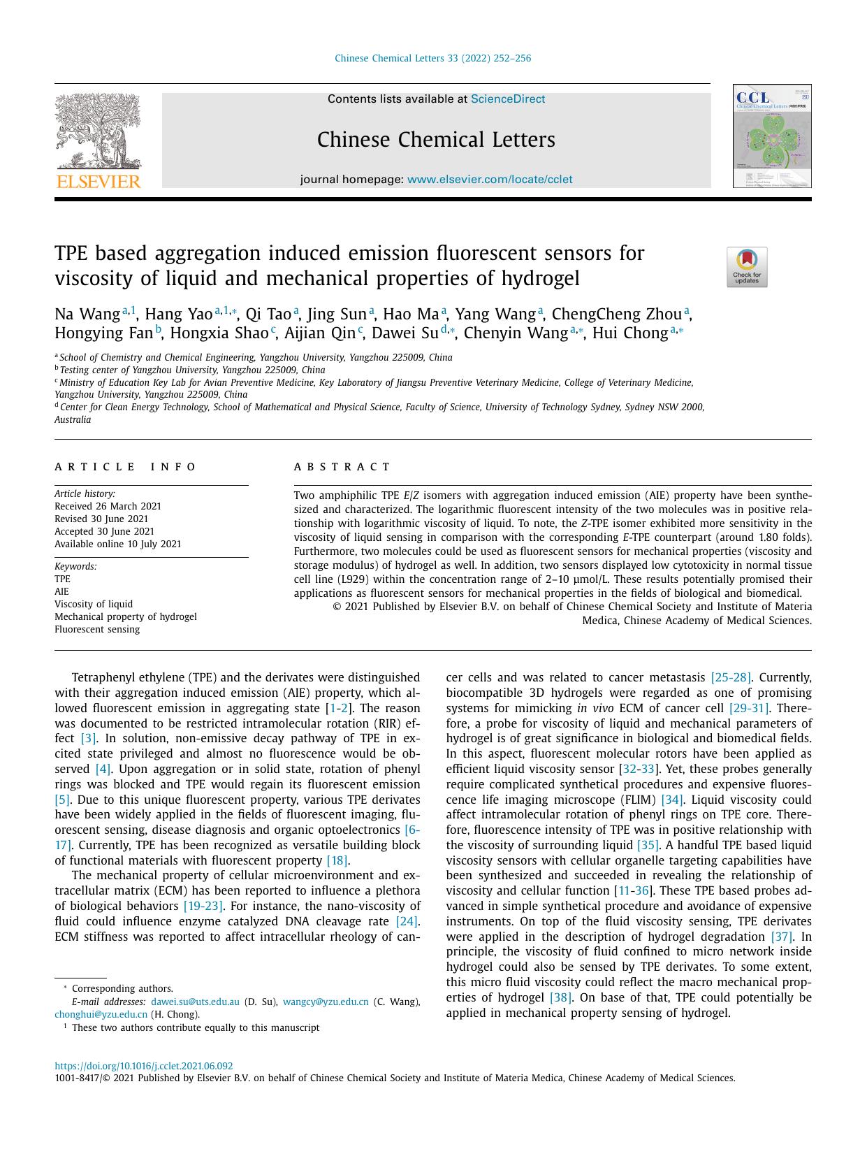 TPE based aggregation induced emission fluorescent sensors for viscosity of liquid and mechanical properties of hydrogel by unknow