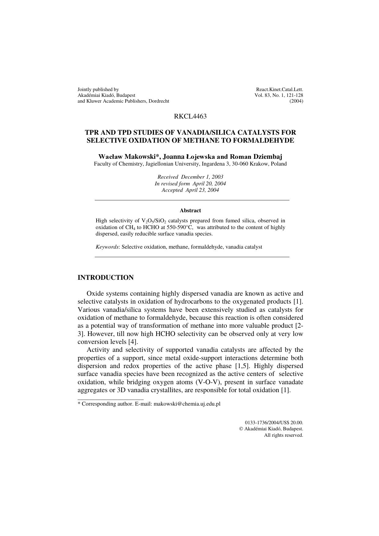 TPR and TPD studies of vanadiasilica catalysts for selective oxidation of methane to formaldehyde by Unknown