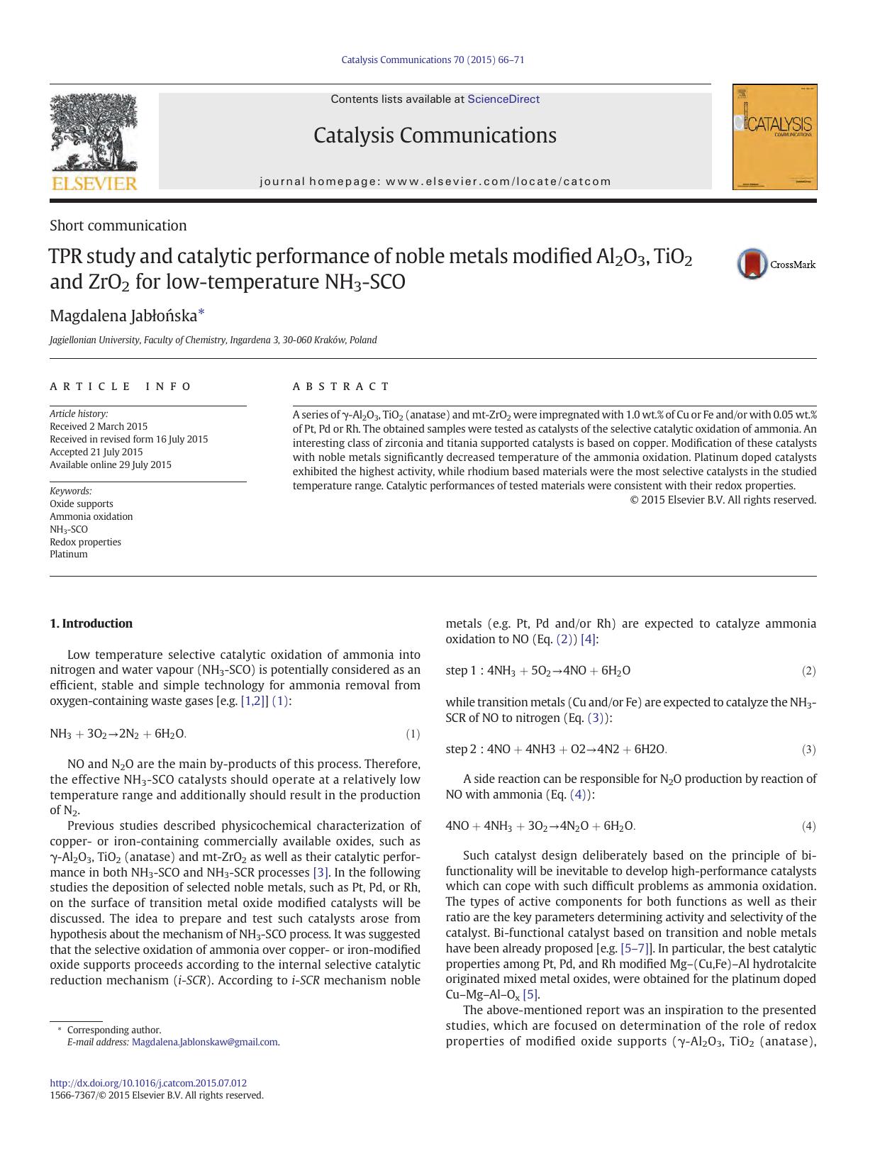TPR study and catalytic performance of noble metals modified Al2O3, TiO2 and ZrO2 for low-temperature NH3-SCO by Magdalena Jabłońska