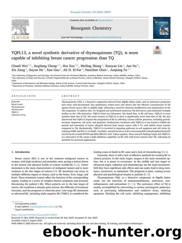 TQFL13, a novel synthetic derivative of thymoquinone (TQ), is more capable of inhibiting breast cancer progression than TQ by unknow