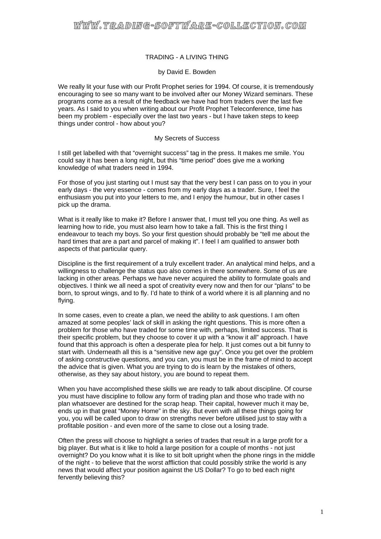 TRADING - A LIVING THING by David Bowden & Others