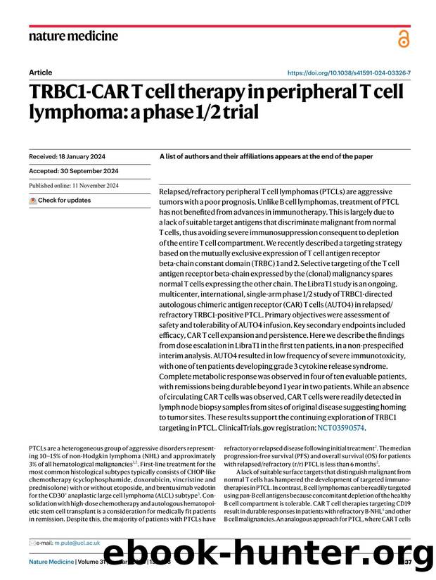 TRBC1-CAR T cell therapy in peripheral T cell lymphoma: a phase 12 trial by unknow