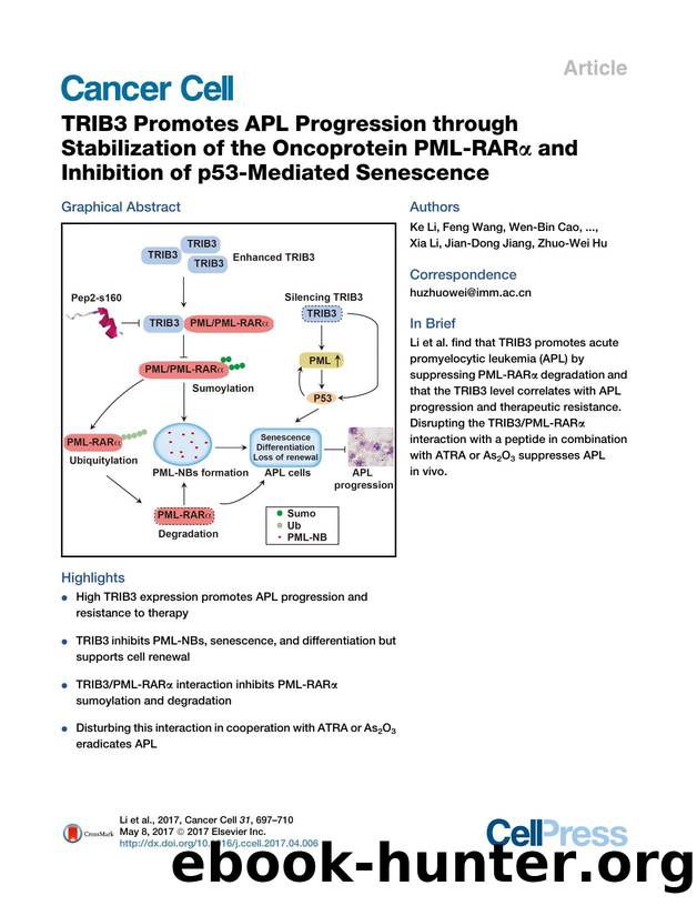TRIB3 Promotes APL Progression through Stabilization of the Oncoprotein PML-RAR&alpha; and Inhibition of p53-Mediated Senescence by unknow