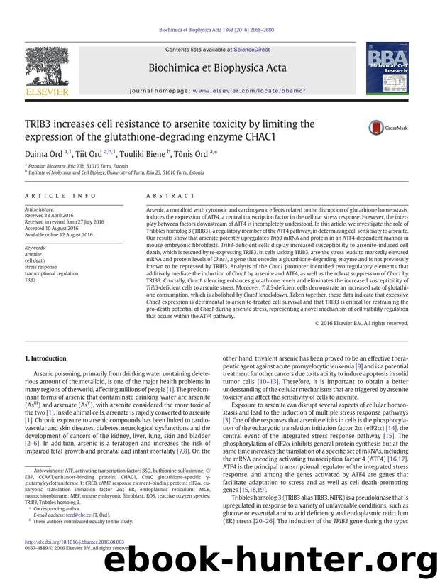TRIB3 increases cell resistance to arsenite toxicity by limiting the expression of the glutathione-degrading enzyme CHAC1 by Daima Örd & Tiit Örd & Tuuliki Biene & Tõnis Örd