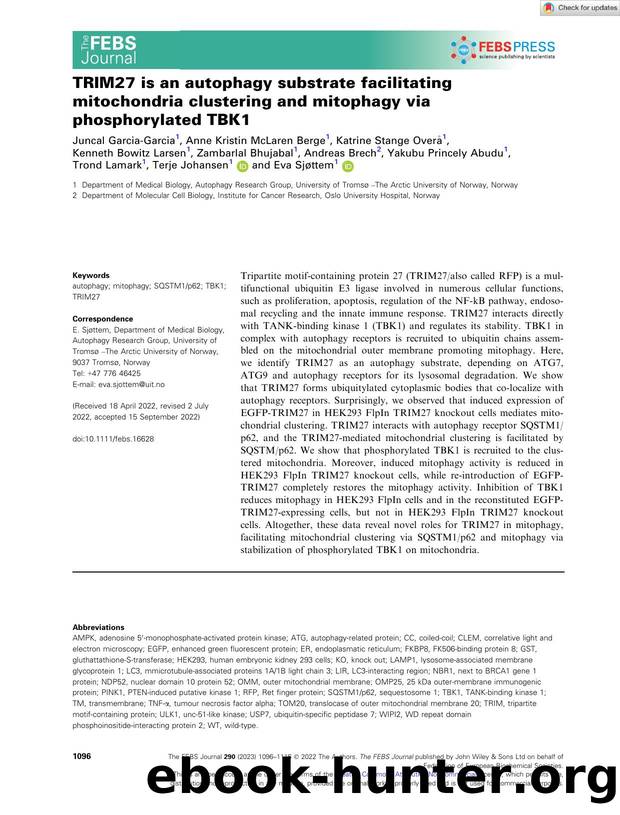 TRIM27 is an autophagy substrate facilitating mitochondria clustering and mitophagy via phosphorylated TBK1 by Unknown