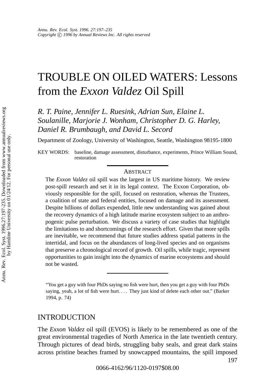 TROUBLE ON OILED WATERS: Lessons from the Exxon Valdez Oil Spill by unknow