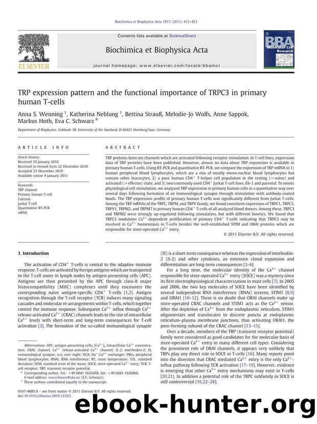 TRP expression pattern and the functional importance of TRPC3 in primary human T-cells by unknow