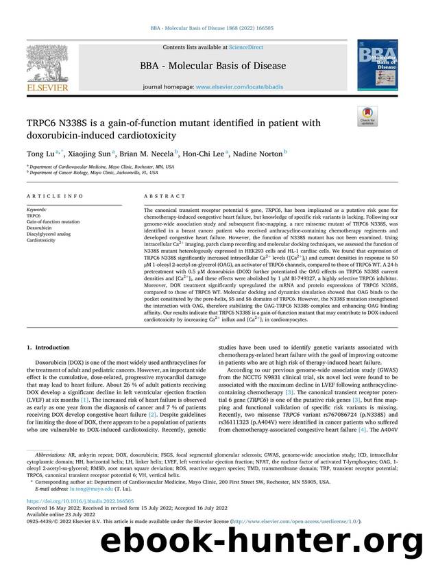 TRPC6 N338S is a gain-of-function mutant identified in patient with doxorubicin-induced cardiotoxicity by Tong Lu & Xiaojing Sun & Brian M. Necela & Hon-Chi Lee & Nadine Norton