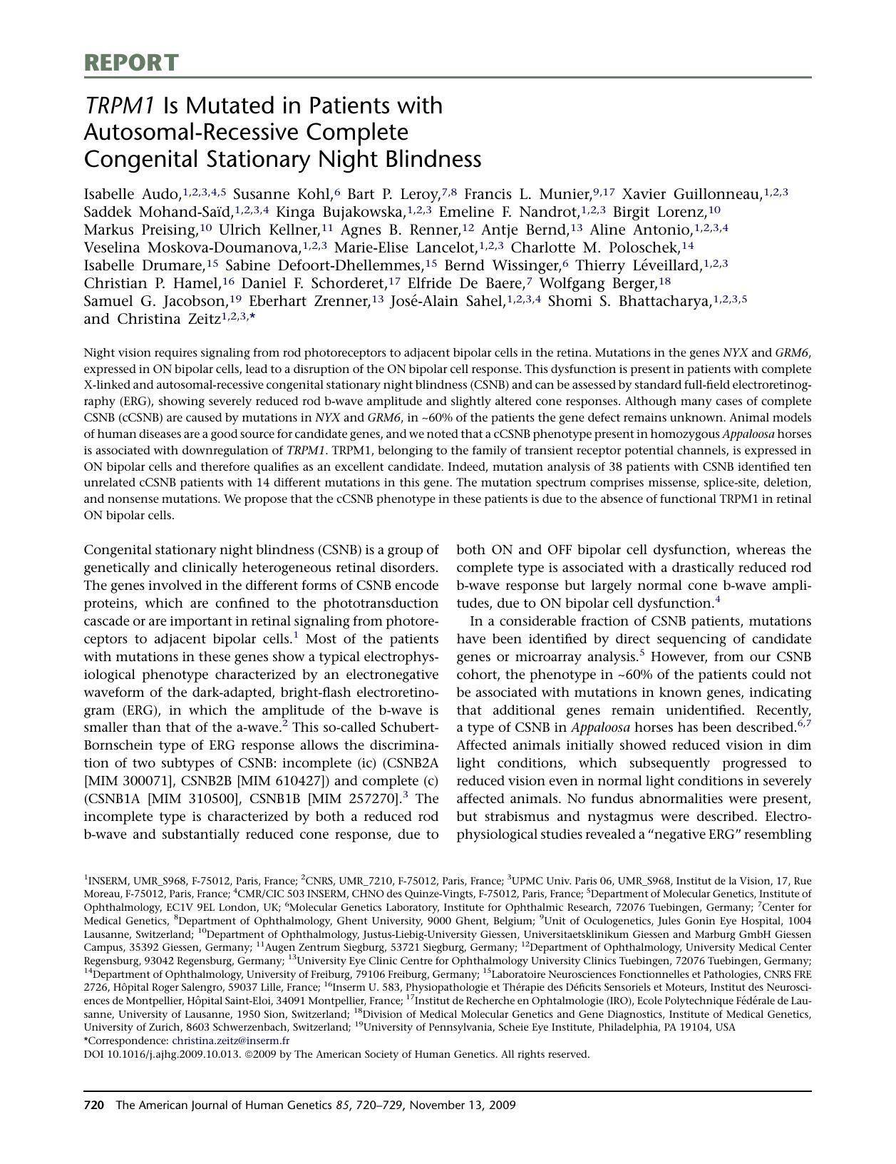 TRPM1 Is Mutated in Patients with Autosomal-Recessive Complete Congenital Stationary Night Blindness by unknow