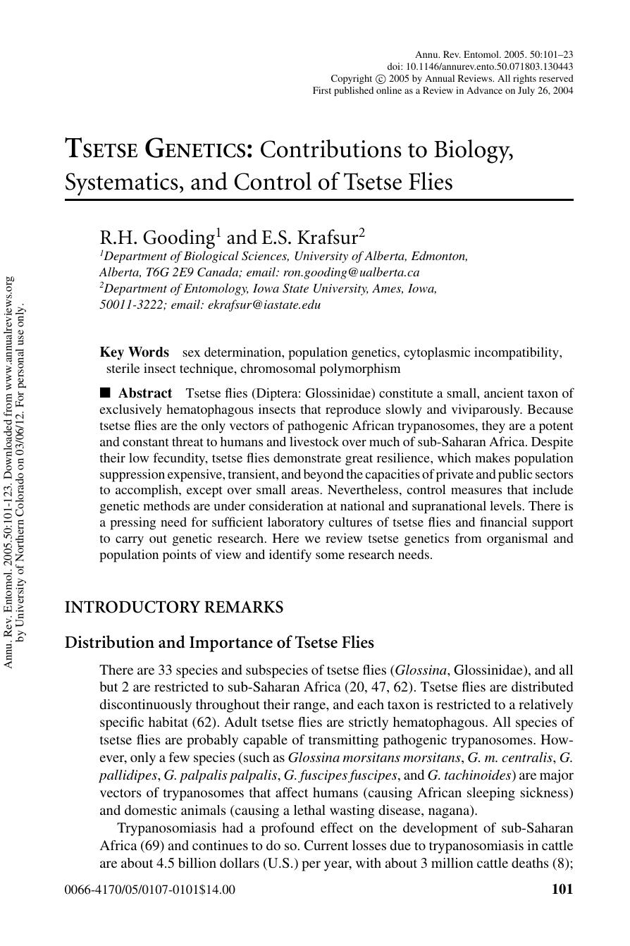 TSETSE GENETICS: Contributions to Biology, Systematics, and Control of Tsetse Flies by R.H. Gooding1 & E.S. Krafsur2