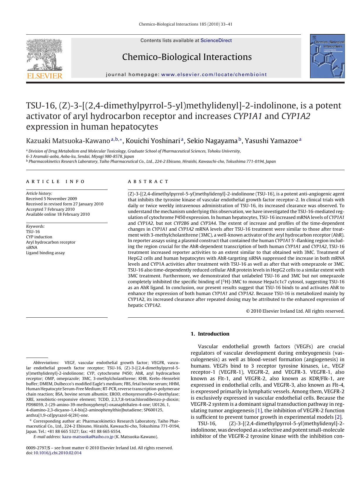TSU-16, (Z)-3-[(2,4-dimethylpyrrol-5-yl)methylidenyl]-2-indolinone, is a potent activator of aryl hydrocarbon receptor and increases CYP1A1 and CYP1A2 expression in human hepatocytes by Kazuaki Matsuoka-Kawano; Kouichi Yoshinari; Sekio Nagayama; Yasushi Yamazoe