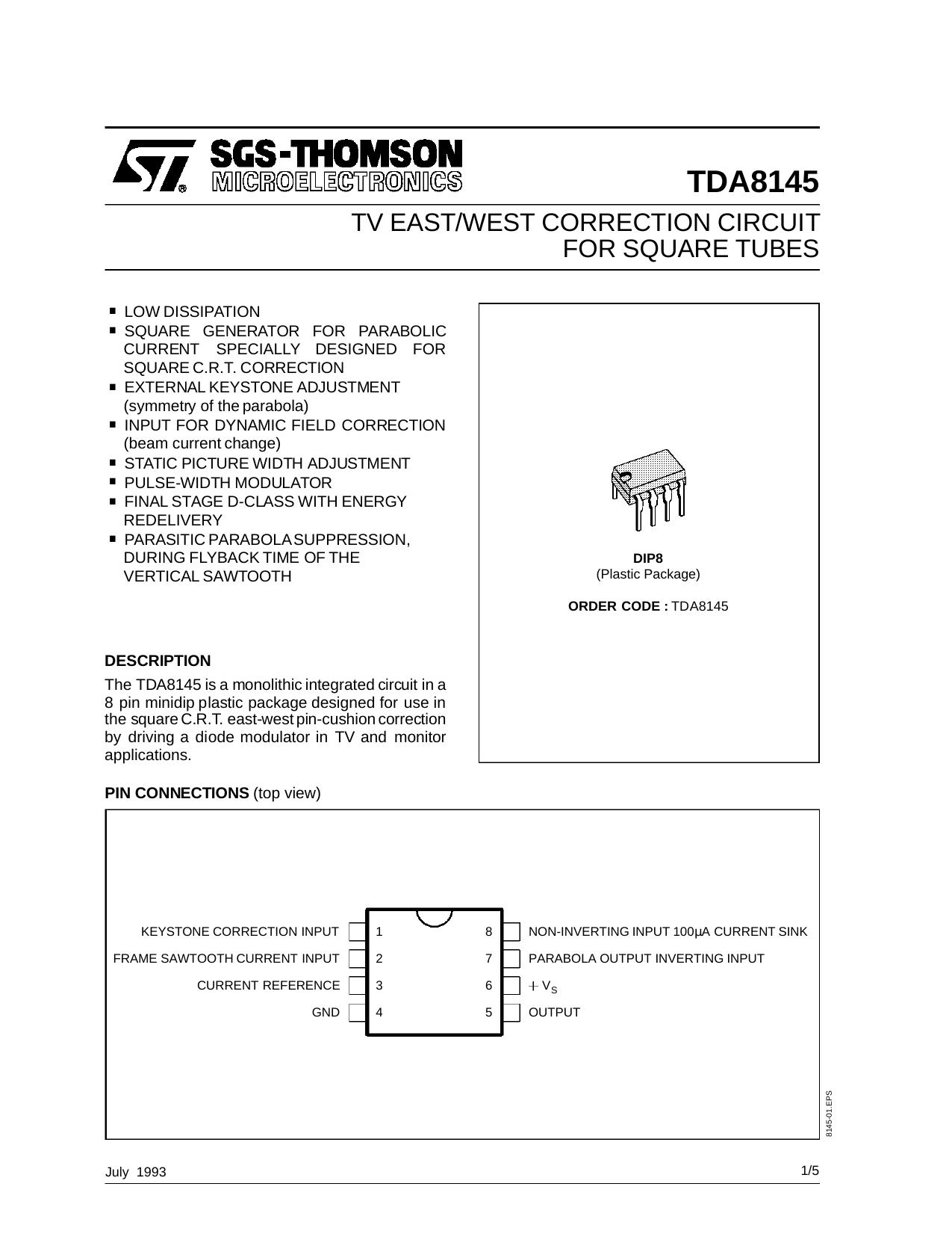 TV EASTWEST CORRECTION CIRCUIT FOR SQUARE TUBES by SGS-THOMSON Microelectronics